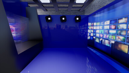 3D Virtual TV Studio News With blue walls, 3d illustration