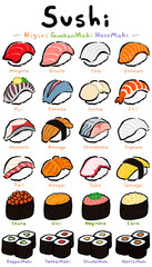 Sushi Set:Hand drawn vector illustration like woodblock print