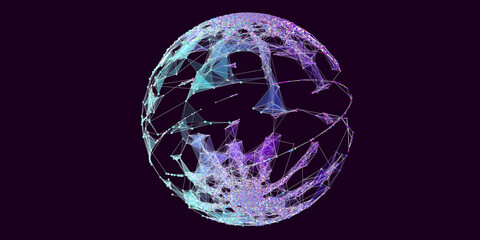 Abstract technology sphere colorful background. Chaotically connected points,lines and polygons.  Futuristic polygonaly  style. Banner for business, technology  and science presentations.