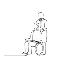 Fototapeta premium Patient Sitting on Wheelchair with Doctor or Nurse Caregiver Continuous Line Drawing