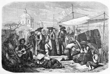 portuguese people preparing Pilar feast outdoor in Portugal playing and drinking. Ancient grey tone etching style art by De Bergue, published on Le Tour du Monde, Paris, 1861 - obrazy, fototapety, plakaty