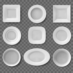 Realistic plates. Food dish, empty clean bowl, kitchen utensil, food white plates, dishes and bowls. Restaurant 3d dishware vector illustration set. Tableware for meal, crockery collection