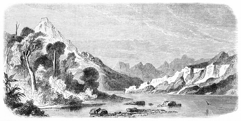 horizontal oriented engraving of placid bay of Port Galant at the end of Saint Nicholas Bay, Chile. Ancient grey tone etching style art by De B�rard, published on Le Tour du Monde, Paris, 1861