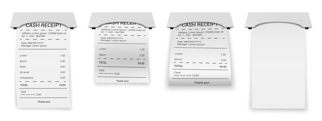 Realistic ATM bills. Paper printed bill or bank invoice transaction, financial 3D paper check, printed cash receipt vector illustration icons set. Payment blank or printout isolated