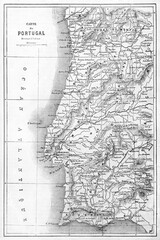 Vertical oriented old topographic map of Portugal. Ancient grey tone etching style art by Erhard and Bonaparte, published on Le Tour du Monde, Paris, 1861
