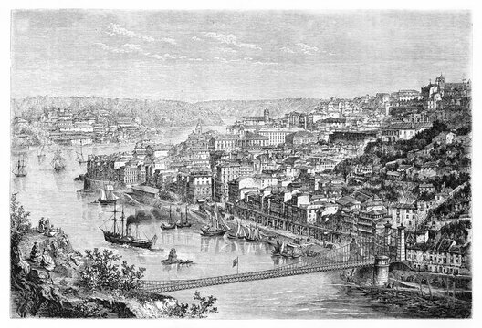 overall top view of Porto cityscape, northern Portugal, overlooking Duero river. Ancient grey tone etching style art by Catenacci, published on Le Tour du Monde, Paris, 1861