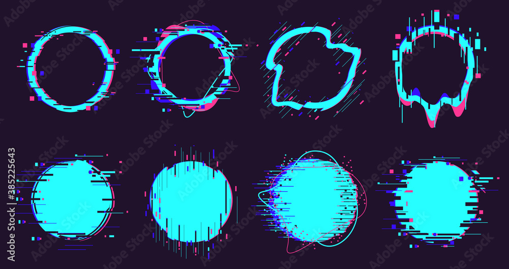 Poster glitch round frames. circle distortion noise defect elements, pixel defect destroyed geometric shape