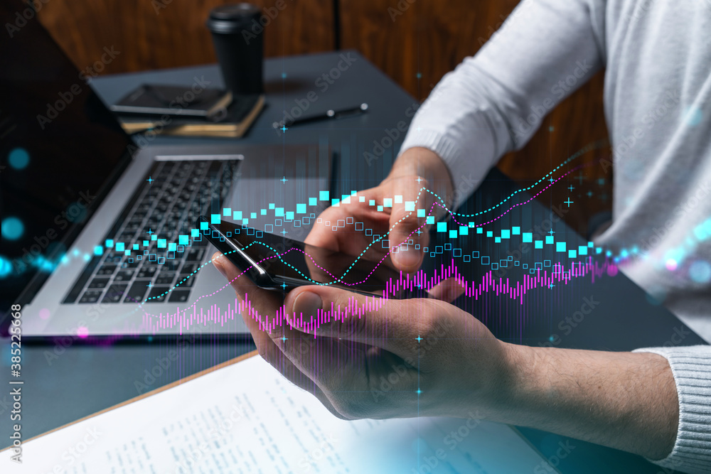 Poster man using phone. hands typing smartphone. double exposure with forex graph hologram. close up. finan