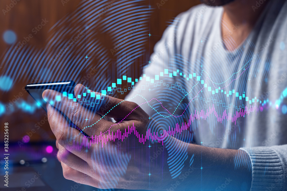 Poster man using phone. hands typing smartphone. double exposure with forex graph hologram. close up. finan