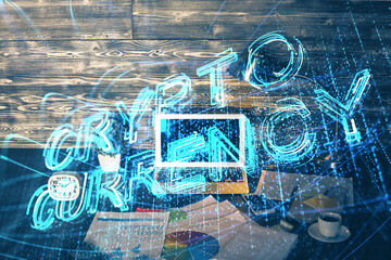 Double exposure of blockchain theme hologram and table with computer background. Concept of bitcoin crypto currency.