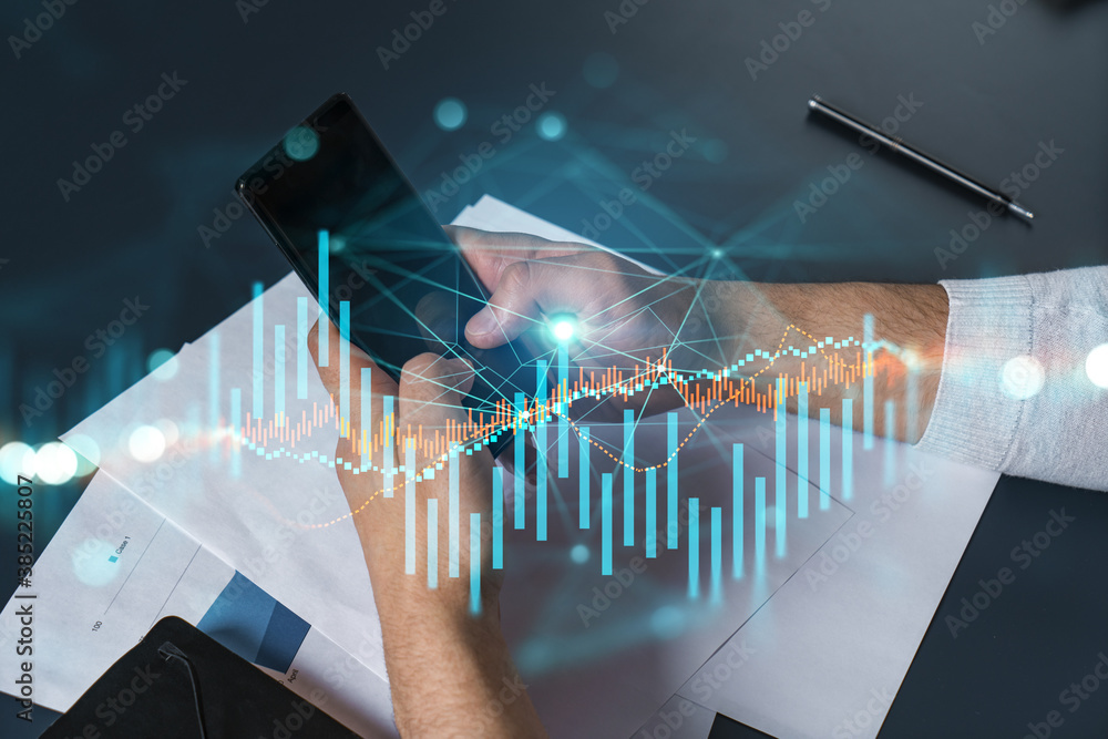 Poster man using phone. hands typing smartphone. double exposure with forex graph hologram. close up. finan