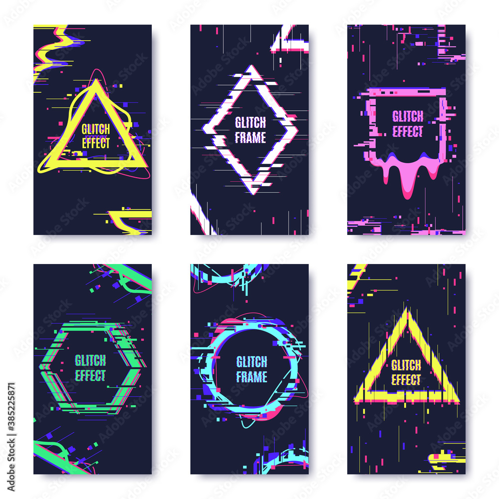 Poster glitch damage cards. noise defect distortion frame posters, abstract no signal dynamic elements fram