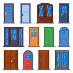 Modern doors. Front entrance doors, house, building or room doorway, closed building exterior and interior doors vector illustration set. Colorful entree with wood and glass windows
