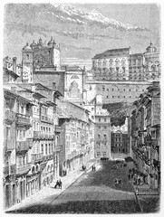 Little top view of elegant buildings in large Rua Nova dos Ingleses, Porto, Portugal. Ancient grey tone etching style art by Lancelot, published on Le Tour du Monde, Paris, 1861
