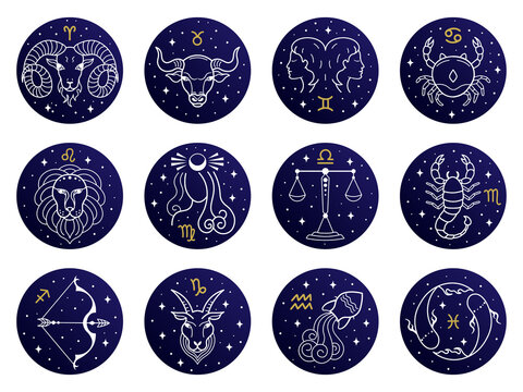 Astrological zodiac signs. Aries, taurus, leo and gemini horoscope, virgo scorpio libra aquarius zodiac, sagittarius, pisces capricorn cancer vector symbols. Constellations on blue