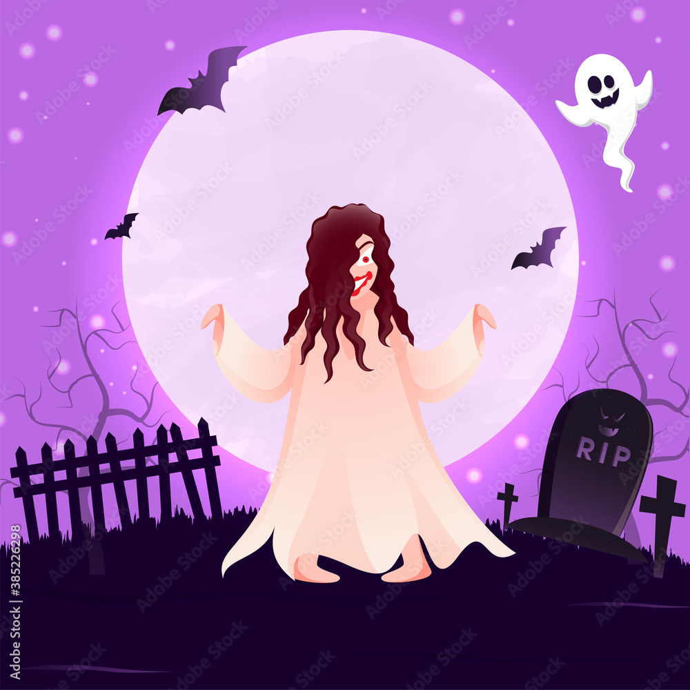 Canvas Prints Full Moon Purple Background with Graveyard View, Female Zombie and Cheerful Ghost for Happy Halloween.