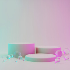 Three cylindrical geometric mockups of the podium on bright colored background with round glass balls on the floor. Minimalistic trendy style for cosmetics advertising. 3d render illustration.