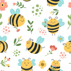 Bees seamless pattern. Cute hand drawn honey bees, flying yellow insects, flowers and honeybee doodle backdrop vector background illustration. Adorable characters with plants for fabric