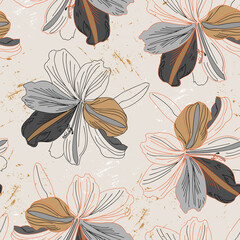 seamless floral pattern with lily with lily on beige background? based on line art  drawing