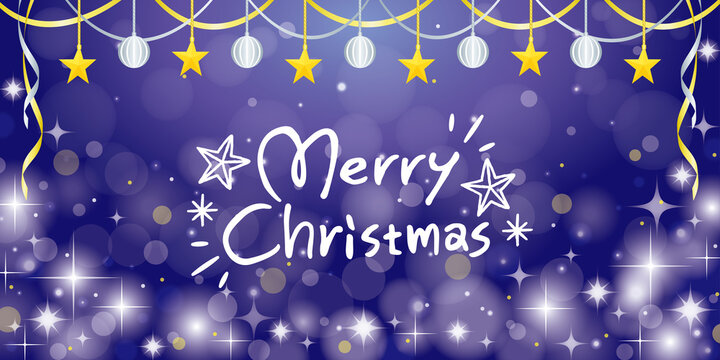 青のキラキラクリスマスイメージの横長バナー背景／メリークリスマスのロゴ入り　Christmas background