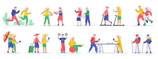 Active elderly people. Senior elderly couples, grandfather and grandmother exercising and travelling, healthy old people vector illustration set. Aged people playing table tennis, riding scooters