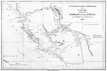 Fototapeta na wymiar Old map of Senegal exploration itinerary by S. L. Pascal (Fal�m� river valley, Bambouk territory). Ancient grey tone etching style art by Erhard and Bonaparte, Le Tour du Monde, Paris, 1861