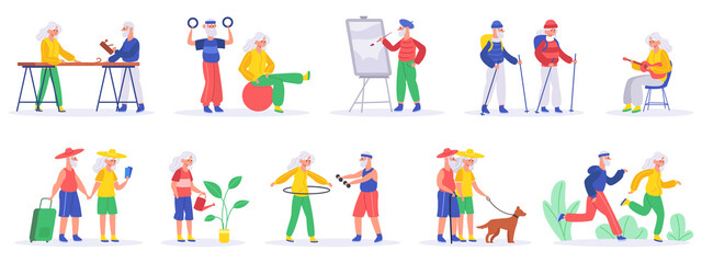 Fototapeta premium Elderly people hobby. Senior people retirement exercising and engage in creative activities, healthy, active pensioners vector illustration set. Grandparents painting, watering plants