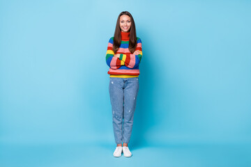Full length body size view of her she nice-looking attractive lovely pretty cheerful cheery girl...