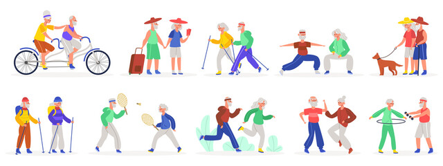 Active elderly couples. Senior elderly couple, healthy sporty grandmother and grandfather, old people dancing and jogging vector illustration set. Characters riding bicycle, exercising, walk with pet