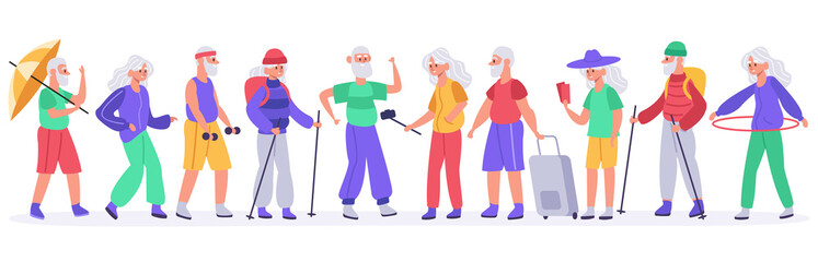 Elderly people. Crowd of active senior elderly people, healthy grandmother, grandfather recreation, old men and women vector illustration set. Character holding selfie stick, holding luggage