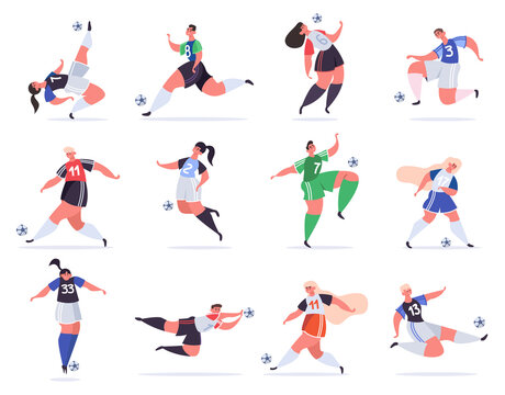 Sport football people. Soccer male and female characters, football people kicking ball, professional sportsmen vector illustration set. Characters playing in uniform, different positions