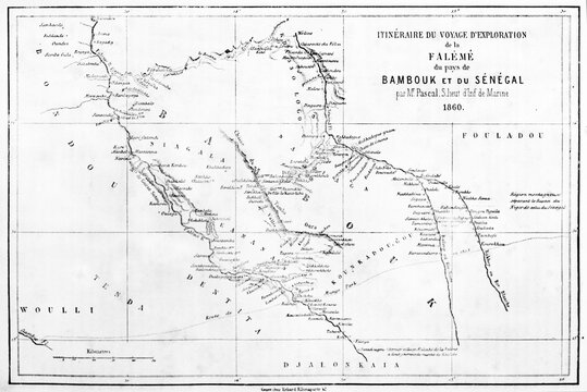 Old map of Senegal exploration itinerary by S. L. Pascal (Fal�m� river valley, Bambouk territory). Ancient grey tone etching style art by Erhard and Bonaparte, Le Tour du Monde, Paris, 1861