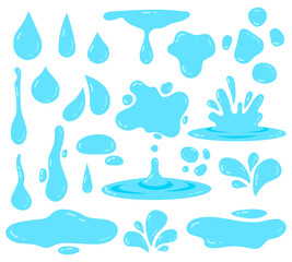 Water splash. Dripping water, tear blob and waters swirls, fluid droplets, clear aqua elements isolated vector icons illustration set. Falling fresh liquid, puddle with clear and pure fluid