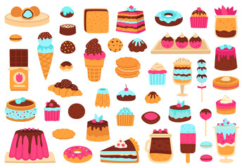 Sweet desserts. Bakery sweets, muffin cakes, ice cream, hand drawn candies, chocolate bar and macarons. Cute sweets vector illustration set as croissant and cookie, cupcake and donut