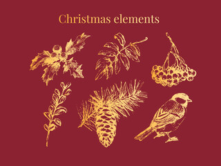 Cartoon christmas elements for celebration decoration design. Vintage vector illustration. Vector graphic elements. Merry christmas card. Festive set isolated. New year