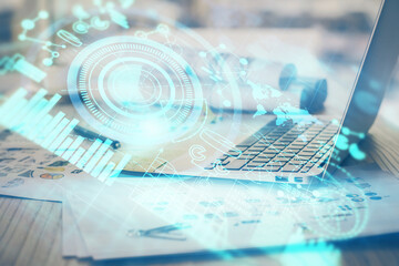 Multi exposure of business theme icons and work space with computer background. Concept of success.