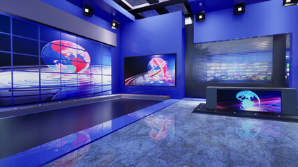 3D Virtual TV Studio News With blue walls, 3d illustration