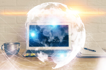 Multi exposure of business theme icons and work space with computer background. Concept of success.