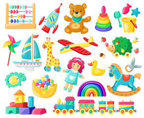 Cartoon baby toys. Child toys, bear, doll, logic toys, train, boys and girls inventory for kids games and entertainment vector illustration set. Rocket and aircraft, boat and giraffe
