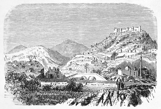 bleak and rocky landscape of Silifke with castle and hills in background, Mersin province, Turkey. Ancient grey tone etching style art by Grandsire after Langlois, Le Tour du Monde, Paris, 1861