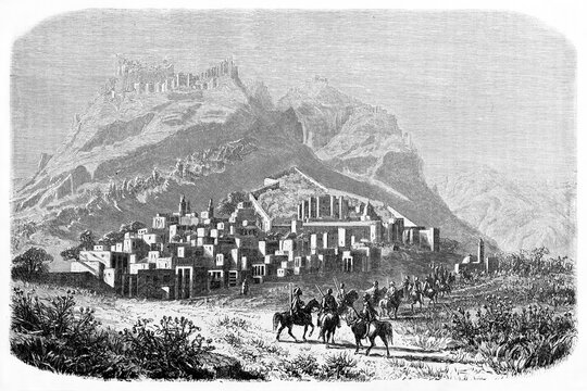 stone town at mountain feet on landscape of Sis (at present days Kozan), Adana province, Turkey. Ancient grey tone etching style art by Grandsire after Langlois, Le Tour du Monde, Paris, 1861