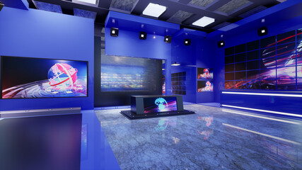 3D Virtual TV Studio News With blue walls, 3d illustration