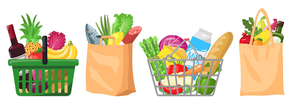 Supermarket grocery bags. Shopping baskets and bags, plastic, paper purchases packages, shopping bags with organic foods vector illustration set. Buying food in market, fruit and vegetable