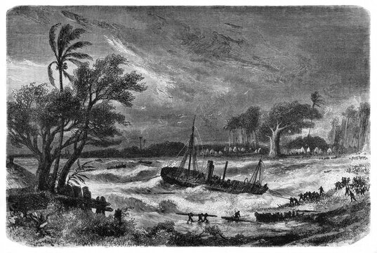 Distressed ship in the middle of a dark storm near to african coast. Ancient grey tone etching style art by B�rard, published on Le Tour du Monde, Paris, 1861