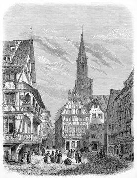 Ancient life in Strasbourg cityscape with pointed roof antique houses in , France. Ancient grey tone etching style art by Lancelot and Gaucherd, published on Le Tour du Monde, Paris, 1861