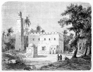 Tajura white mosque in african landscape with palms, Libya. Ancient grey tone etching style art by Hadamard, published on Le Tour du Monde, Paris, 1861