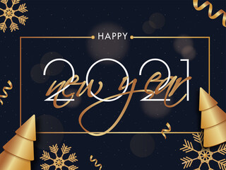 Fototapeta na wymiar 2021 Happy New Year Text with Golden Xmas Trees, Snowflakes and Ribbon on Grey-Blue Background.