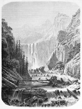 waterfalls and powerful rapids in a high rocky gorge of Taurus mountains, Turkey. Ancient grey tone etching style art by Hadamard, published on Le Tour du Monde, Paris, 1861