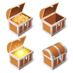 Realistic treasure chest. Wooden 3d antique pirate chest, closed and opened vintage wood treasure chest isolated vector illustration icons set. Golden sparkling coins in box, shining light