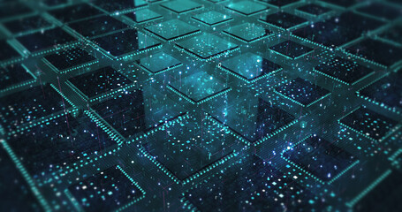 Close Up High Tech Circuit Board. Futuristic Technology. Computer And Technology Related 3D Illustration Render.